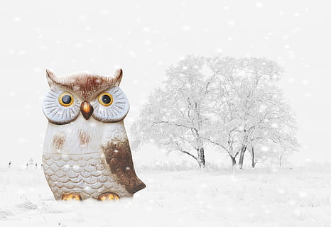 brown owl figurine on snow, winter, bird, funny, wintry, figure HD wallpaper