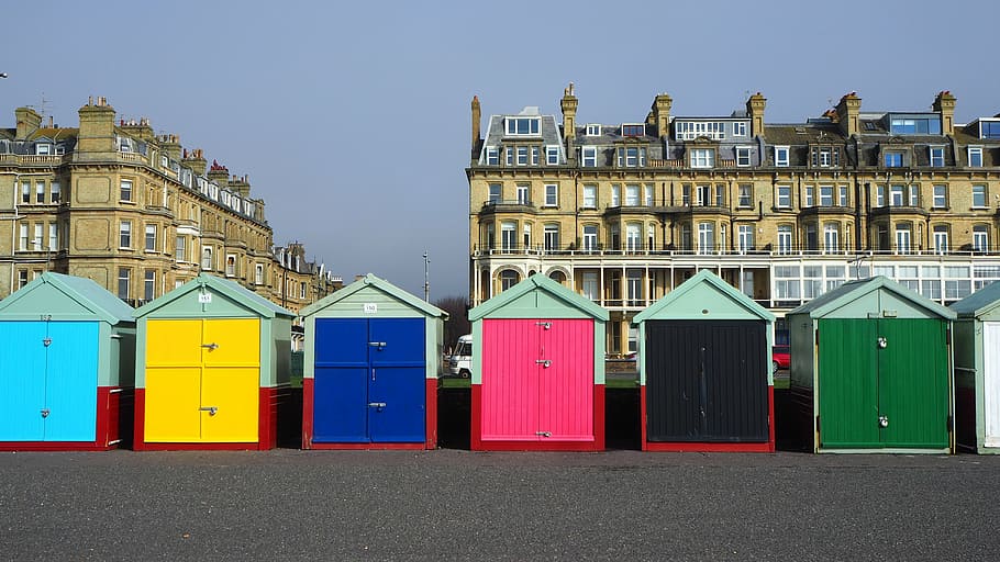 six assorted-color sheds under clear sky, hove, beach huts, brighton, HD wallpaper