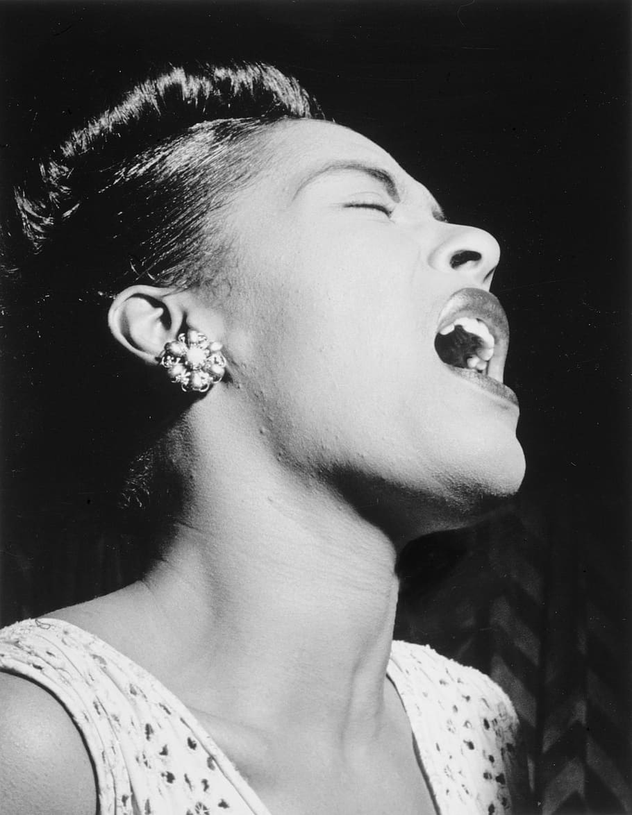 woman wearing white scoop-neck sleeveless top, billie holiday
