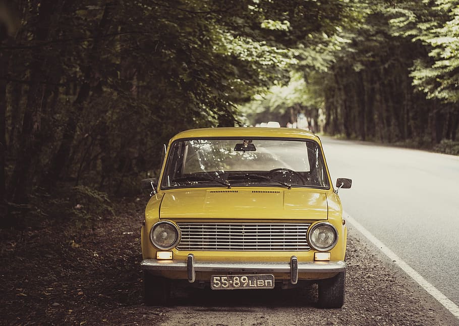 yellow car parked beside road, machine, forest, retro, vaz HD wallpaper