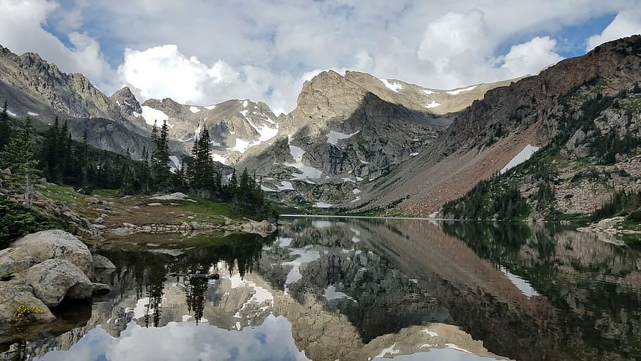 mountain and river under blue and white cloudy sky during daytime HD wallpaper