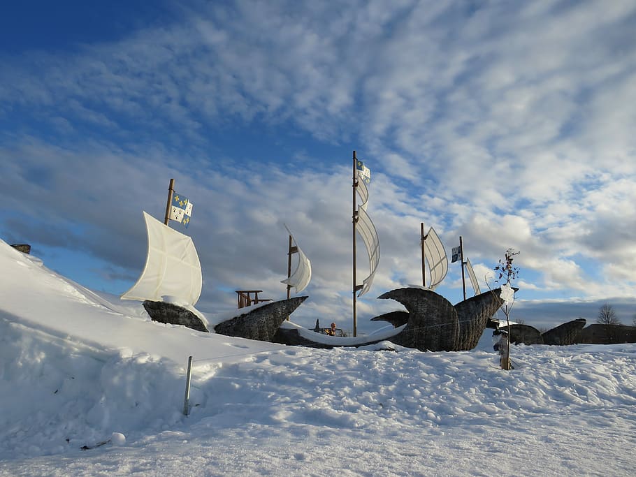 snow, winter, ice, cold, frozen, boat, sky, cloud, gatineau HD wallpaper