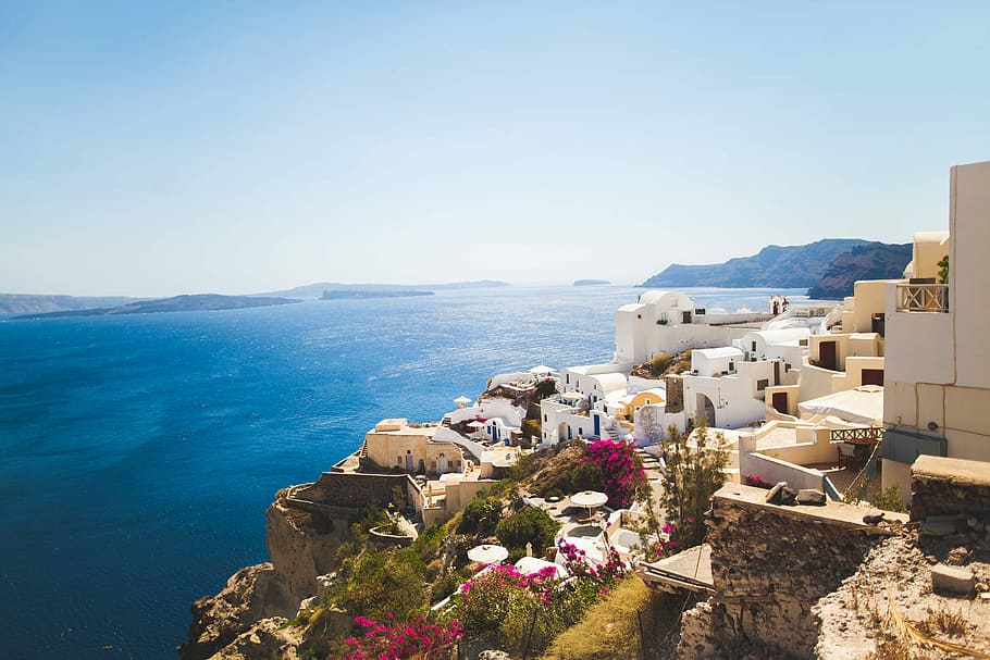bird's eye view photo of Santorini, sea, mediterranean Sea, greece HD wallpaper