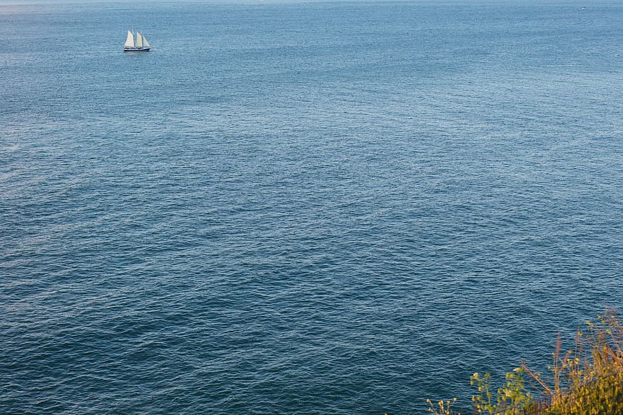 Sailing Boat in The Middle of The Sea, blue, minimalism, minimalistic