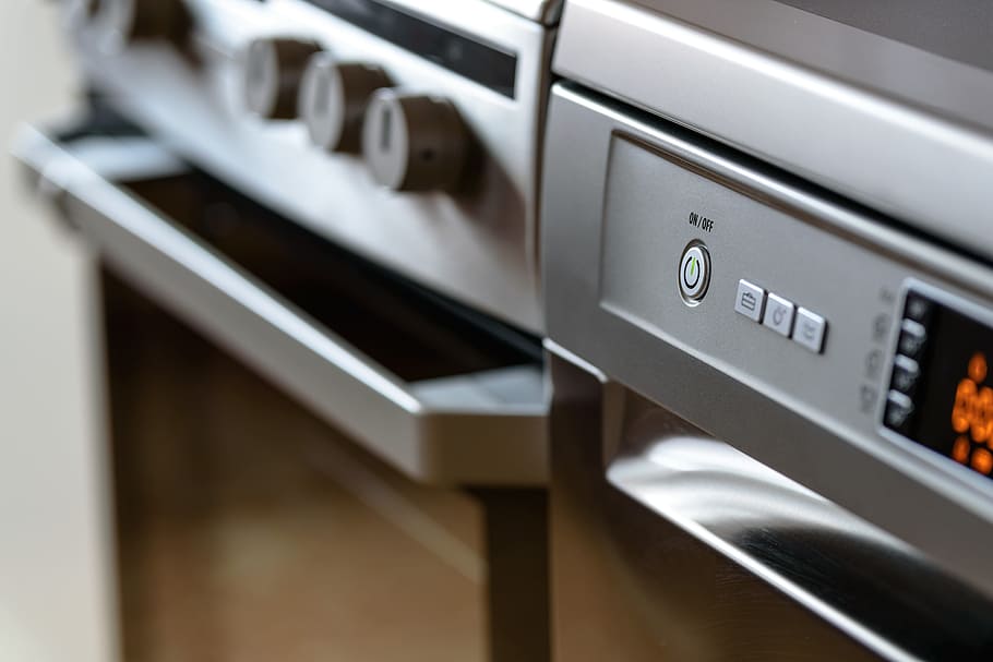 gray home appliance, modern kitchen, household appliances, cooker