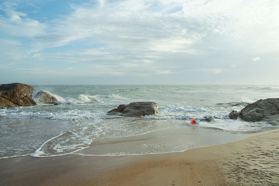 sea, sand, sky, water, beach, land, rock, rock - object, horizon over water HD wallpaper