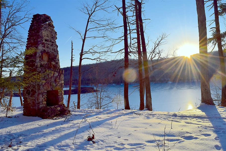 stone structure, snow, winter, sunlight, abandoned, old, texture HD wallpaper