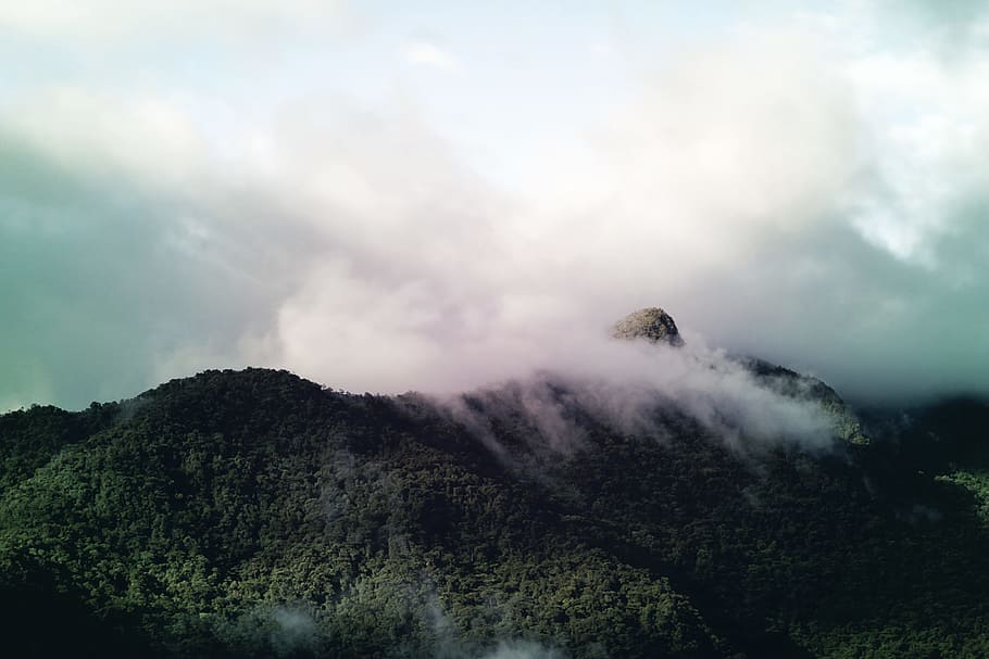 landscape photography of mountain with cloudy sky, landscape photography of fog on mountain HD wallpaper