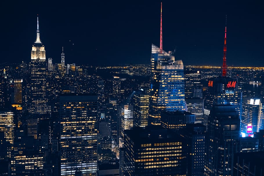 aerial photography of New York City, aerial photography of high rise buildings during nighttime