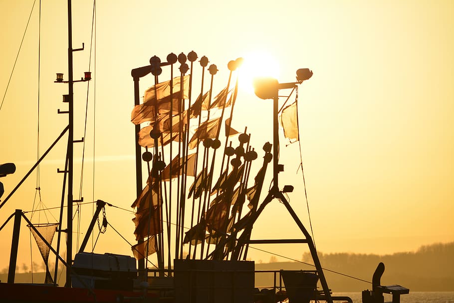 ship, sunset, flags, flags and pennants, sea, north sea, sky HD wallpaper