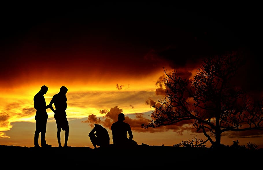 silhouette photo of two person standing in front of two person sitting on ground