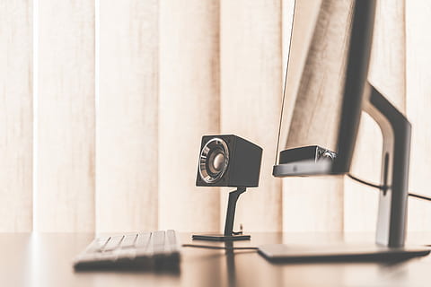 Speaker in Minimalistic Office Workspace Setup, computer, desk HD wallpaper