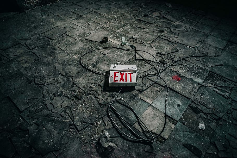 grey exit sign board on grey pavement, white exit signage with gray cords on gray tiled pavement, HD wallpaper