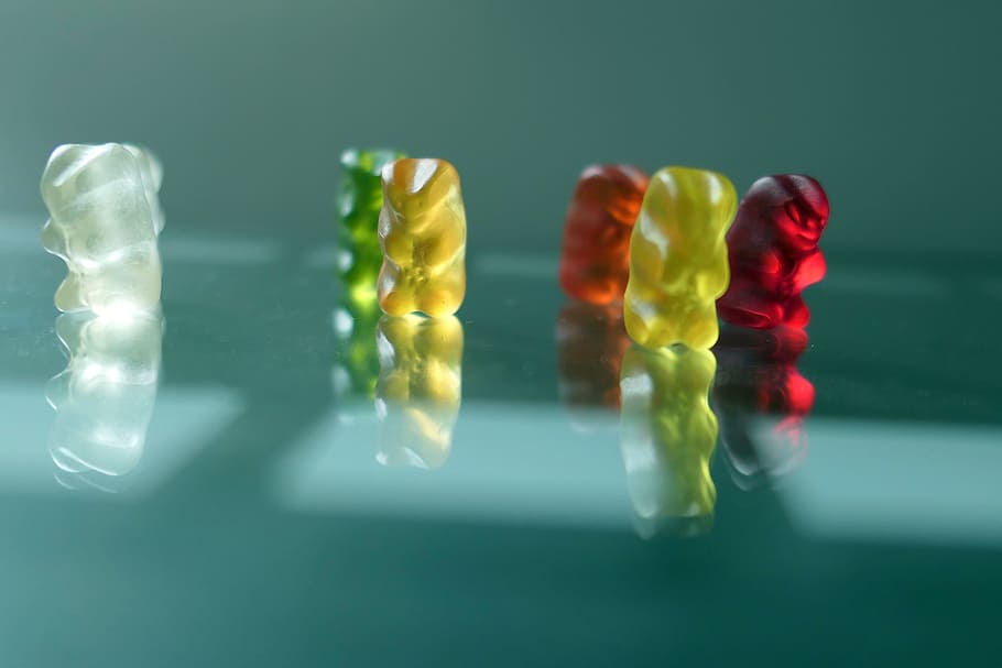 bears, colorful, eat, something, fruit jelly, yellow, green HD wallpaper