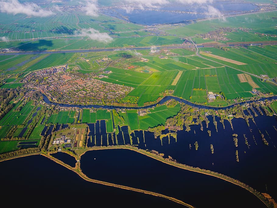 aerial view of village, green, grass, field, farm, sea, ocean HD wallpaper
