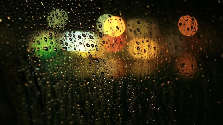 bokeh lights, image, still, windows, glass, rain, raindrops, water