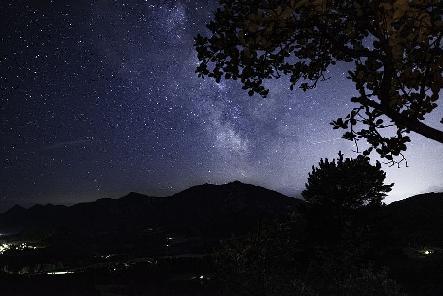 sky, tree, landscape, nature, light, darkness, star, atmosphere HD wallpaper