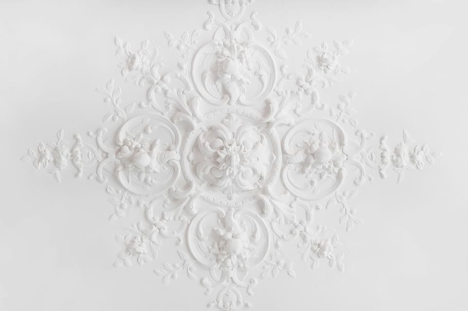 white floral decor, ceiling, stucco, mouldings, decoration HD wallpaper