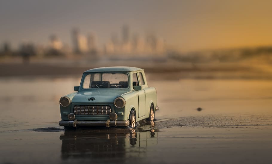 blue car on body of water photo, miniature, model, toy, automobile HD wallpaper