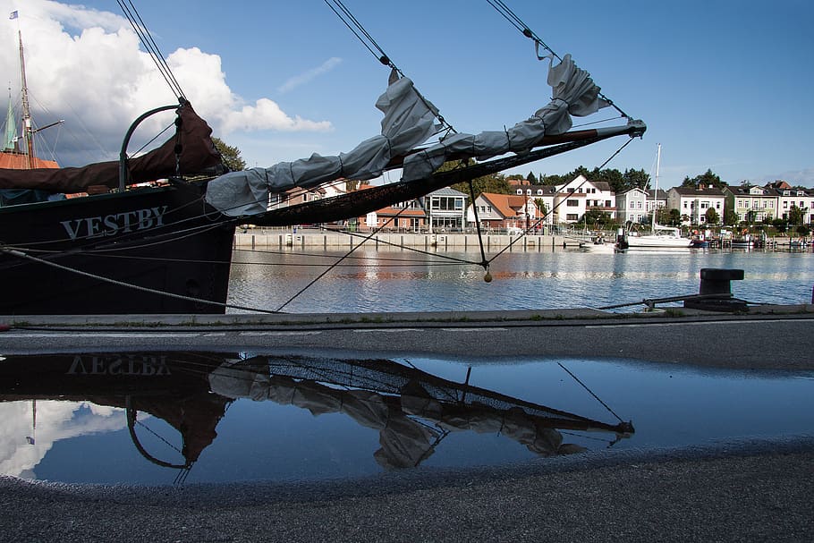 puddle, mirroring, water, ship, transportation, nautical vessel HD wallpaper