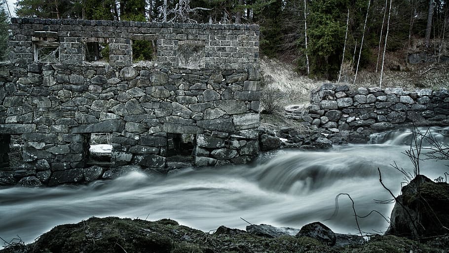 Old, Mill, Building, Rapids, Landscape, ruins, forest, abandoned HD wallpaper