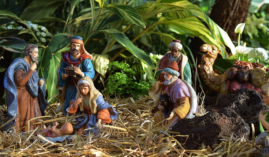 the Nativity scene set, jesus, manger, christmas, religion, religious, HD wallpaper