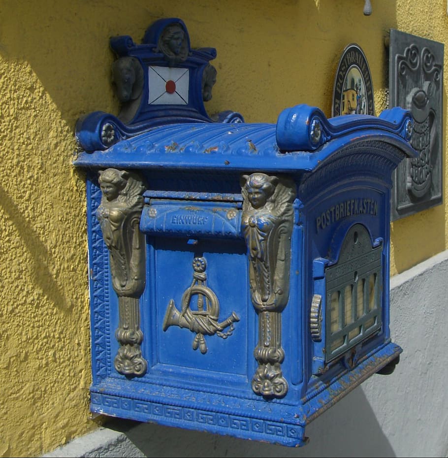 post mail box, nostalgia, mailbox, blue, letter boxes, blacksmithing HD wallpaper