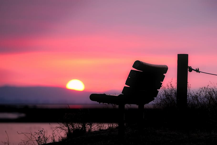 chair during golden hour, sunset, dusk, evening, lake, water HD wallpaper