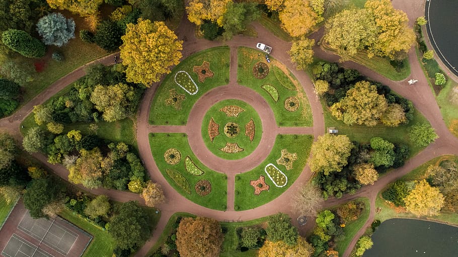 aerial photography of park, garden aerial photography, green HD wallpaper