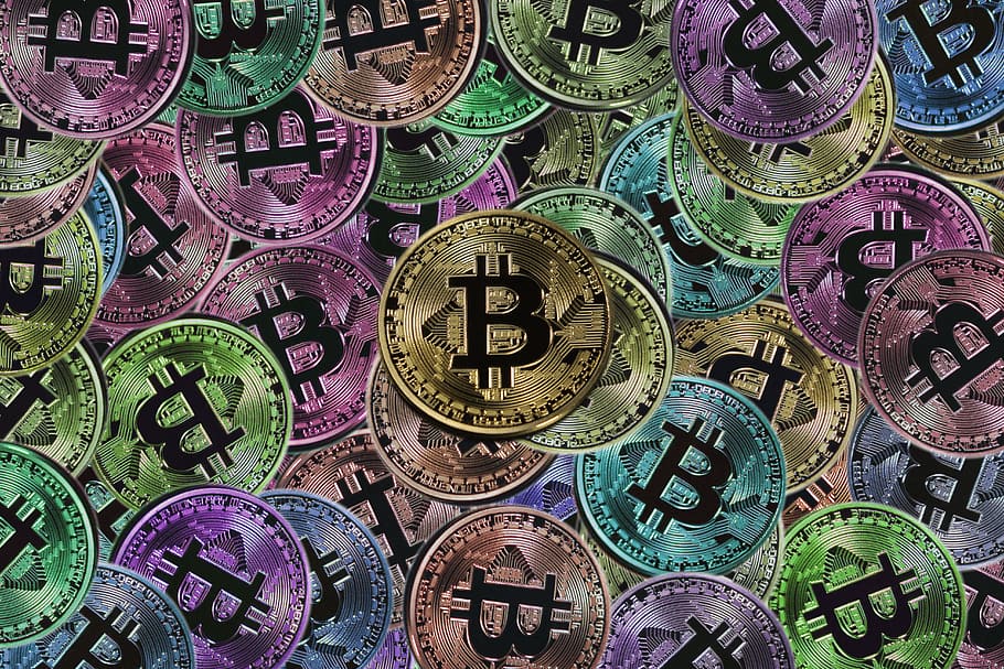 Bitcoin tokens wallpaper, money, electronic money, currency, imitation, HD wallpaper