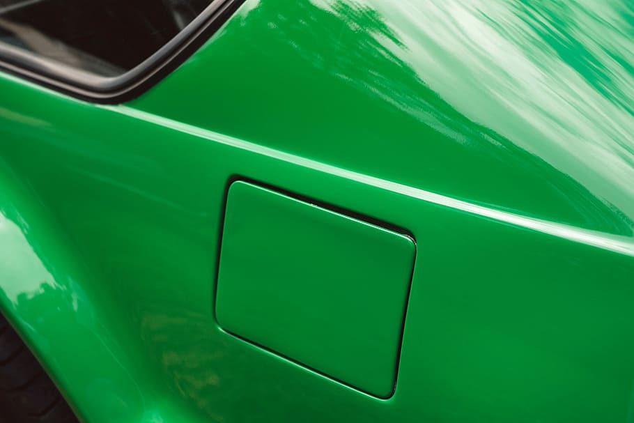 green car, car gasoline tank case, petrol cap, fuel, reflection, HD wallpaper