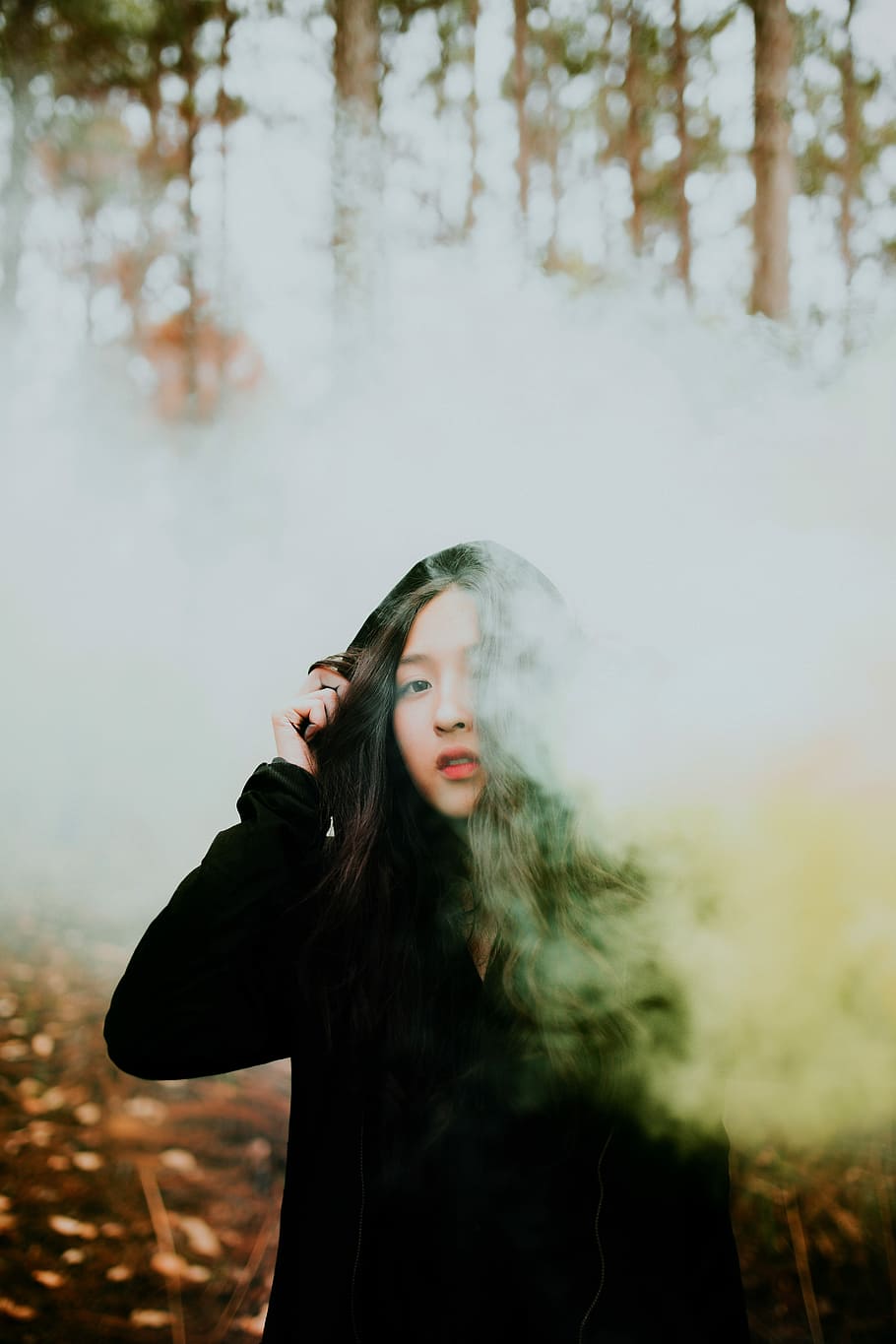 woman surrounded by smoke, woman in black jacket standing in the forest covered with smoke bomb, HD wallpaper