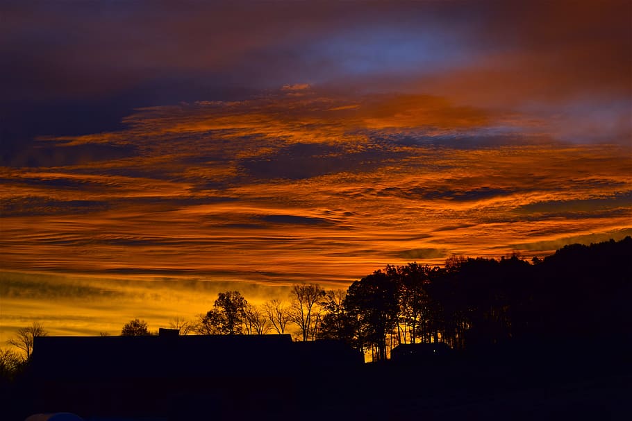 sunrise, sky, silhouette, trees, clouds, dawn, mountain, nature HD wallpaper