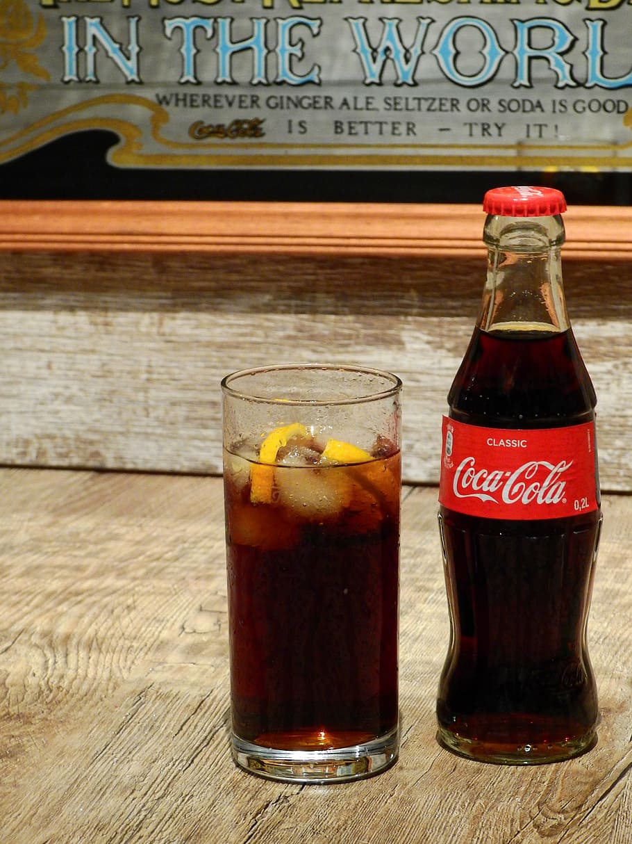 clear highball glass and Coca-Cola bottle, coca cola, coke, advertisement