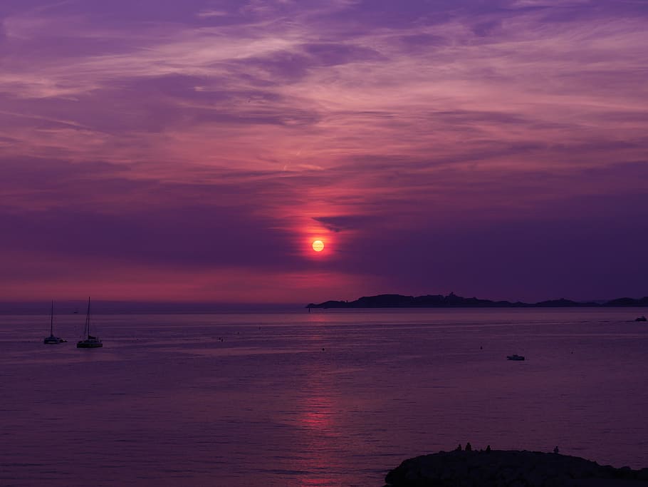 sunset, violet, sea, evening, twilight, landscape, colors, horizon HD wallpaper