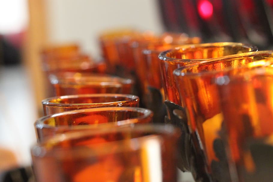 glasses, brown, candles, food and drink, selective focus, refreshment HD wallpaper