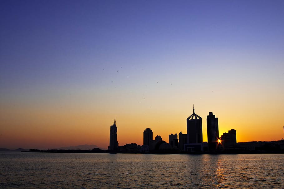 Qingdao, Twilight, City, sunset, architecture, skyscraper, urban skyline, HD wallpaper
