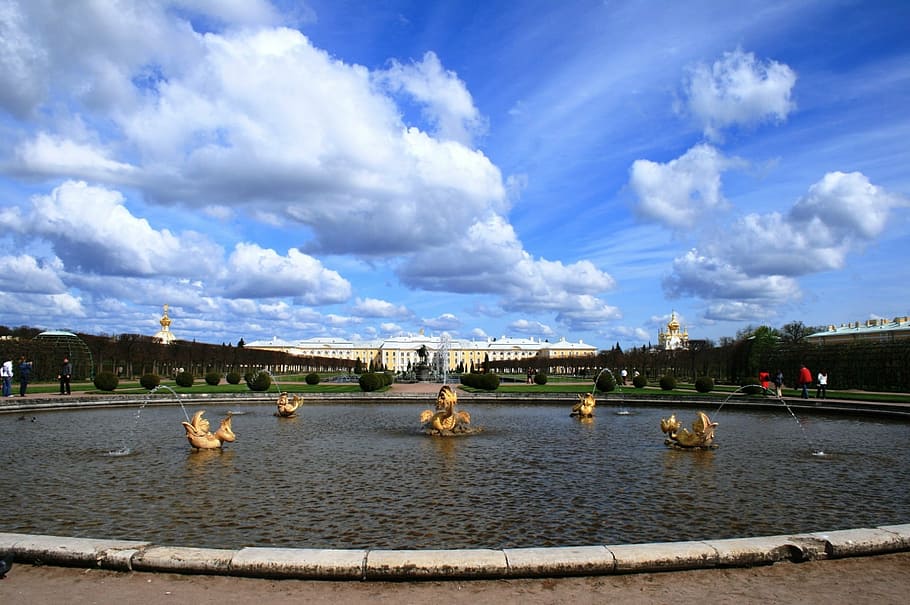 fountains, water, spouting, pond, gardens, sky, clouds, architecture HD wallpaper