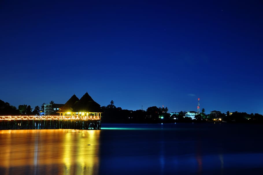water, reflection, blue, night, illuminated, sky, travel, summer HD wallpaper