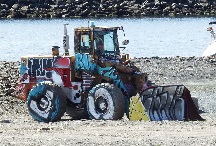 graffiti, loader, urban art, construction, transportation, mode of transportation HD wallpaper