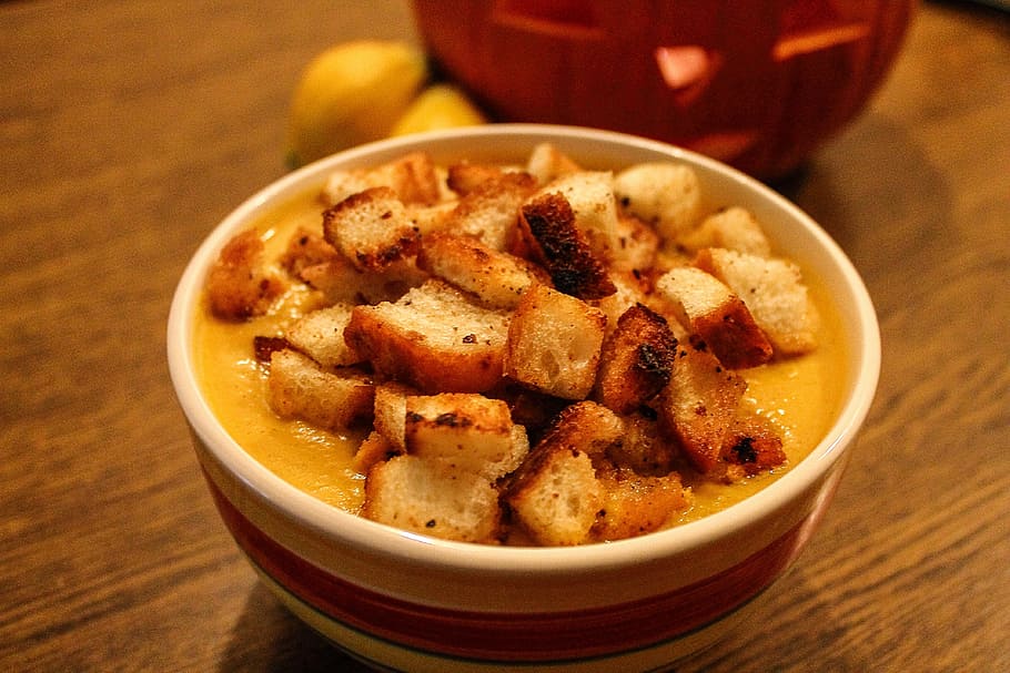 toasted bread with sauce in bowl, Pumpkin Soup, Cream, cream soup, HD wallpaper