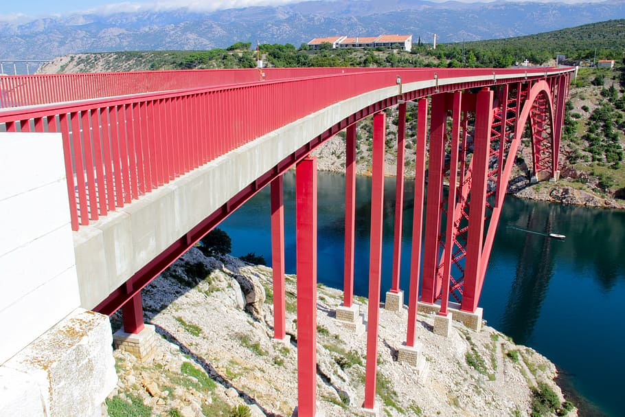 bridge, red, road, pag, maslenica, sea, ravine, water, built structure HD wallpaper