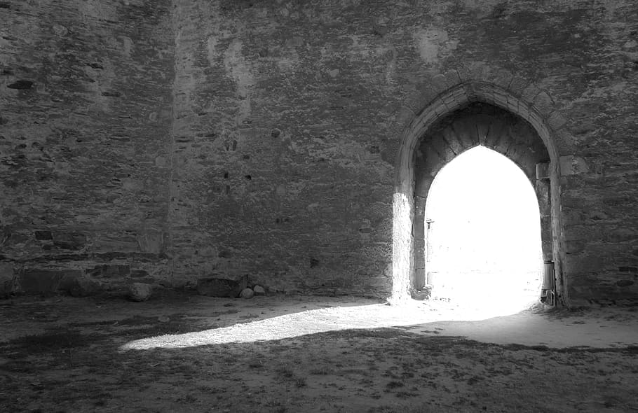view from inside of gray wall, light, door, castle, stone, doors HD wallpaper