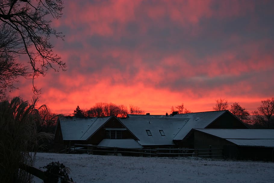Sun, Light, Setting Sun, Sunset, Sky, clouds, glow, farm, abendstimmung HD wallpaper