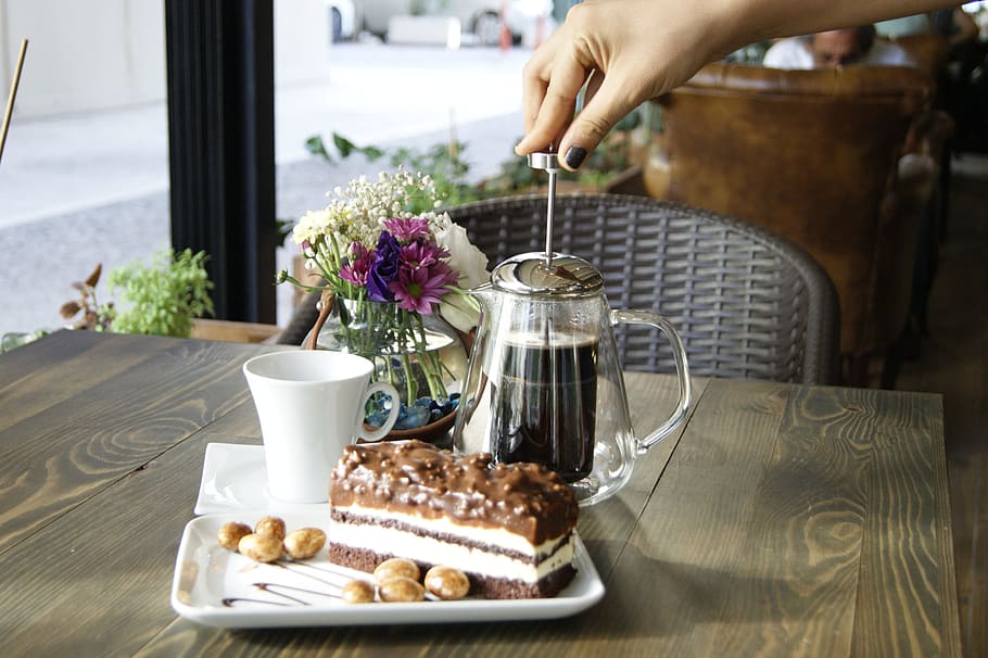 cake, filter, coffee, chocolate, pastry, hand, delicious, eat HD wallpaper