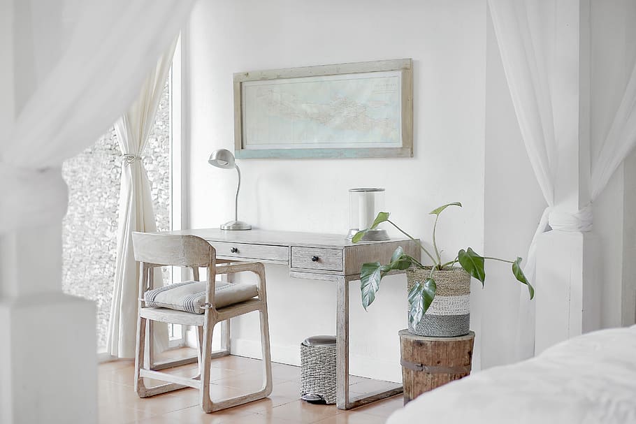 empty desk near curtain, white wooden armchair in front of parson desk HD wallpaper