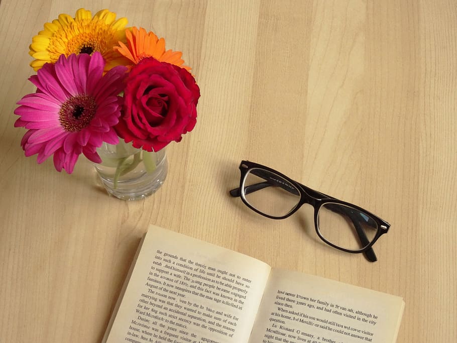 book, reading, glasses, gerbera, rose, flowers, reading book HD wallpaper