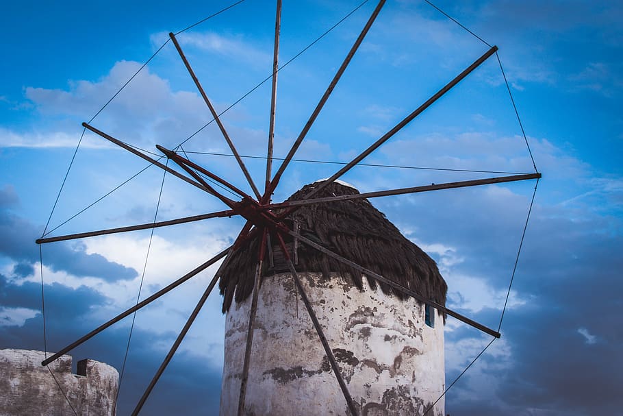 close-up photo of windmill, blue, sky, clouds, landmark, post HD wallpaper