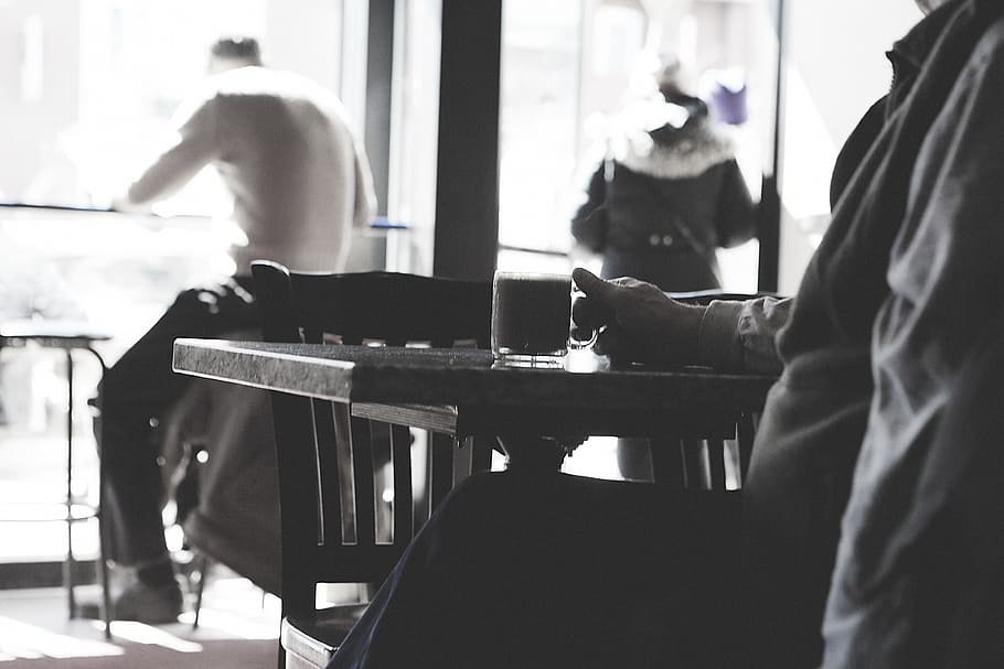 grayscale photography of person holding mug of coffee, cafe HD wallpaper