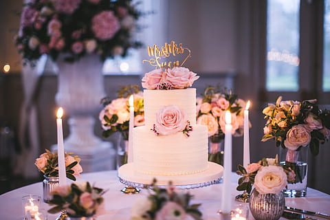 white pastry cake with flowers and candles, wedding, decoration HD wallpaper